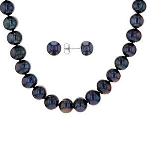 Black Cultured Freshwater Pearl, Rhodium Over Silver 20 Inch Necklace & Earring